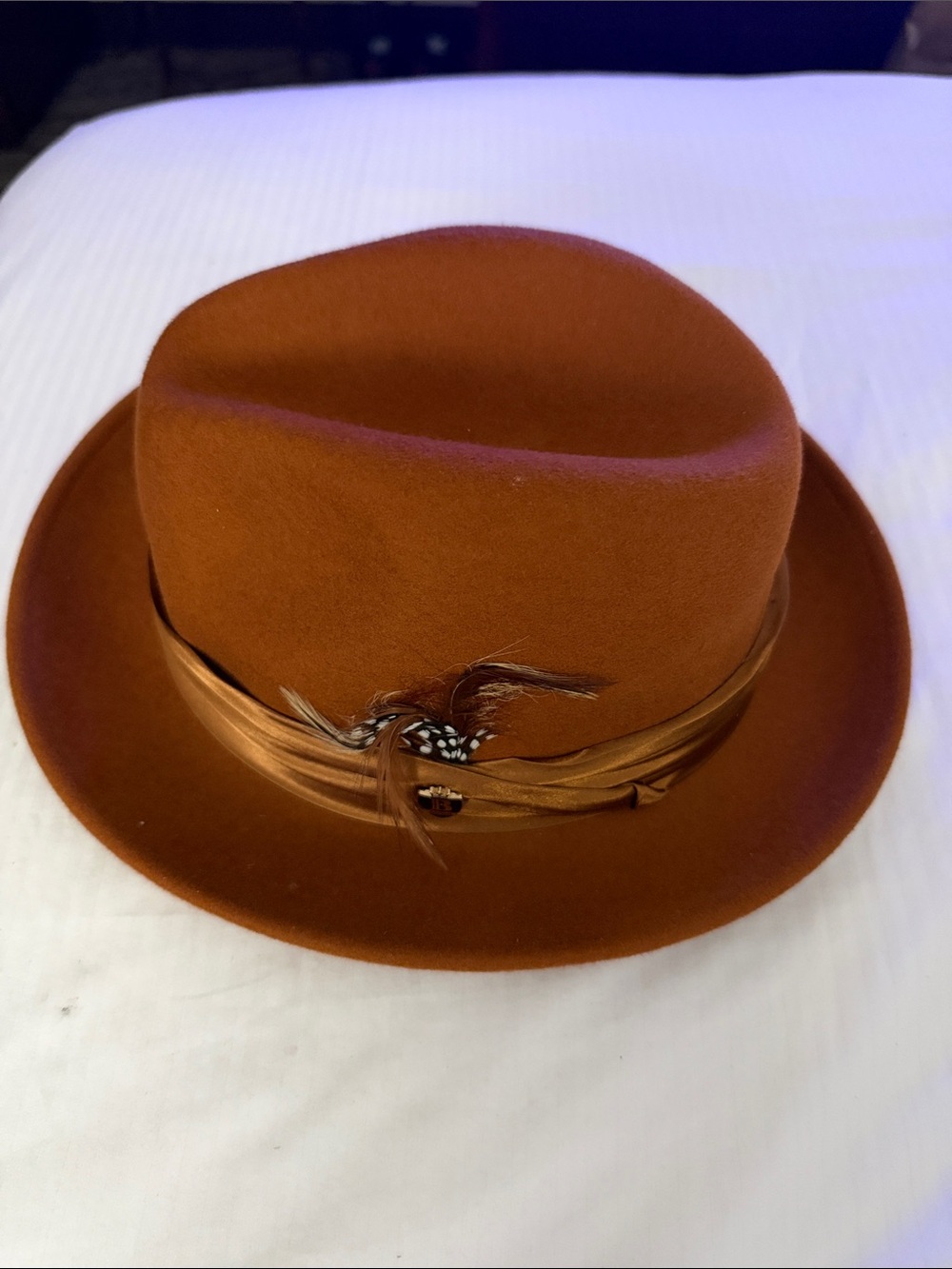 Men's Rust Felt Trilby Hat with Satin Band and Feather Accent